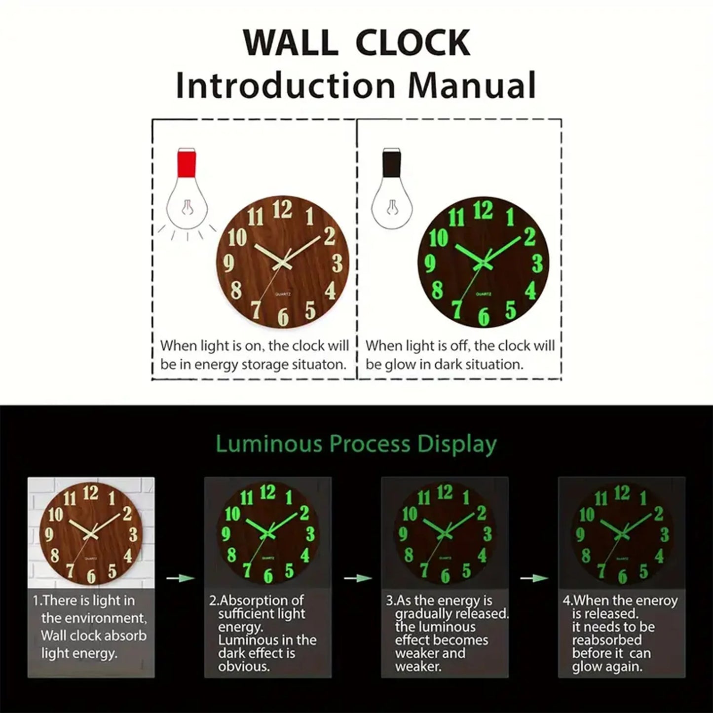 12 Inch Wooden Luminous Silent Wall Clock