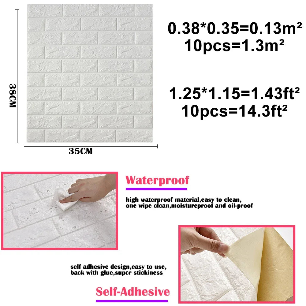 3D Brick Wall Stickers, Self-Adhesive Waterproof Stone