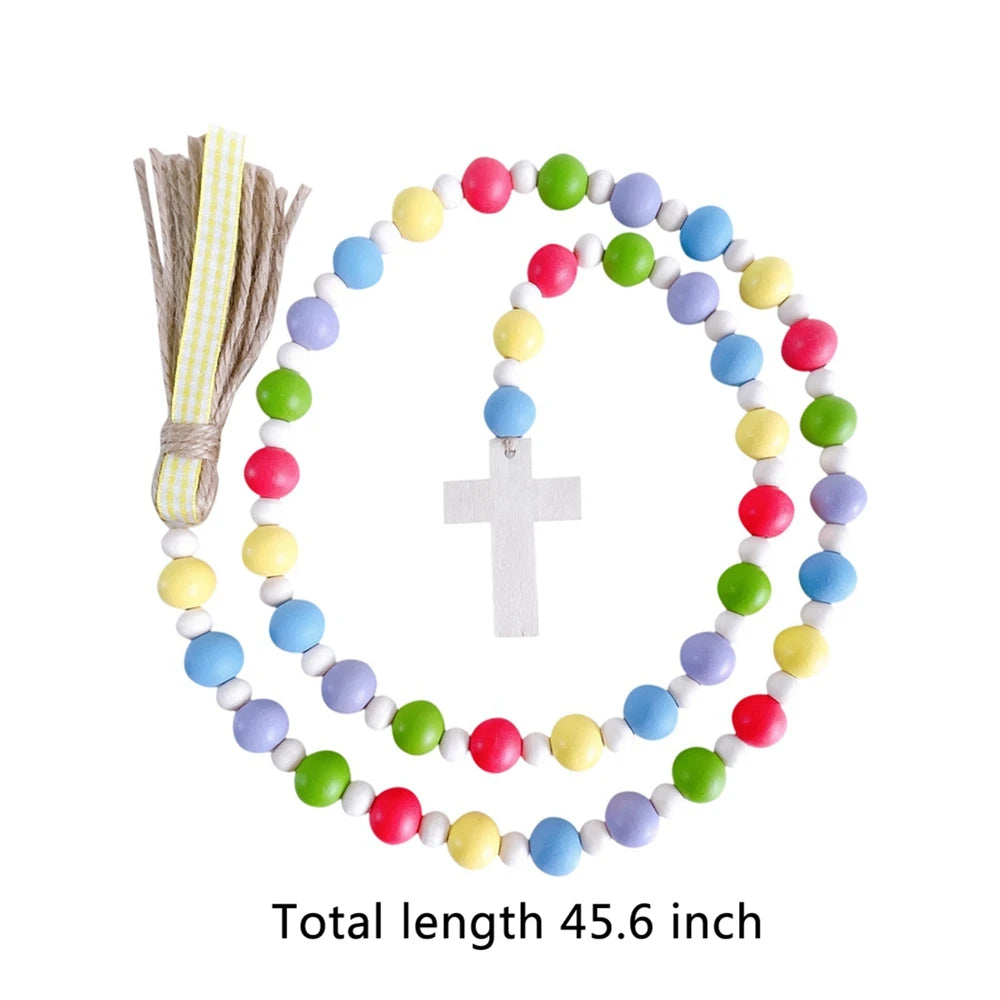 Easter Religious Wood Bead Garland, Natural Wood