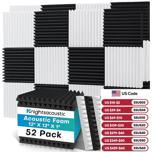 52 Pack Acoustic Foam Black/White, Soundproof Panels