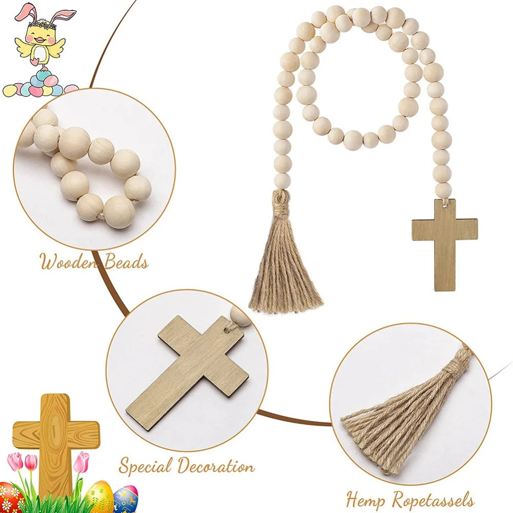 Easter Religious Wood Bead Garland, Natural Wood