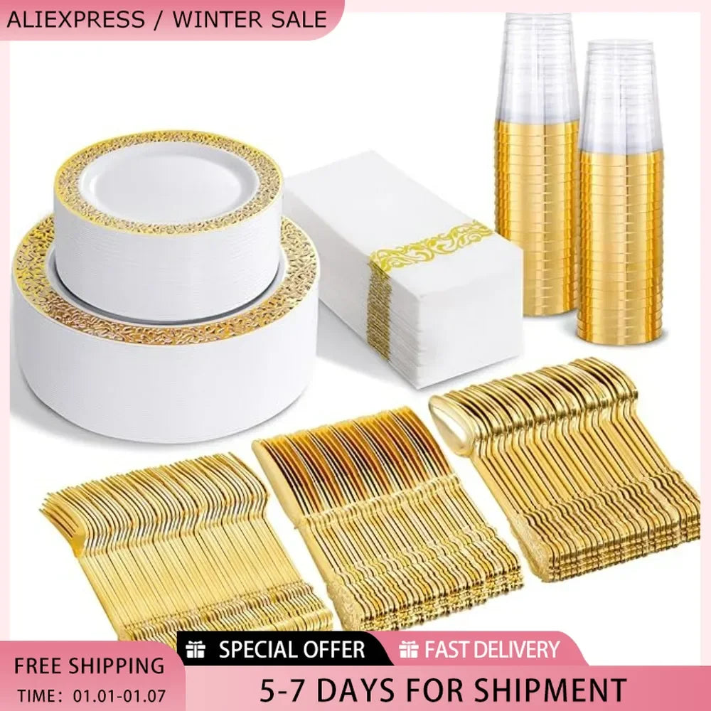 350PCS Gold Disposable Dinnerware Set