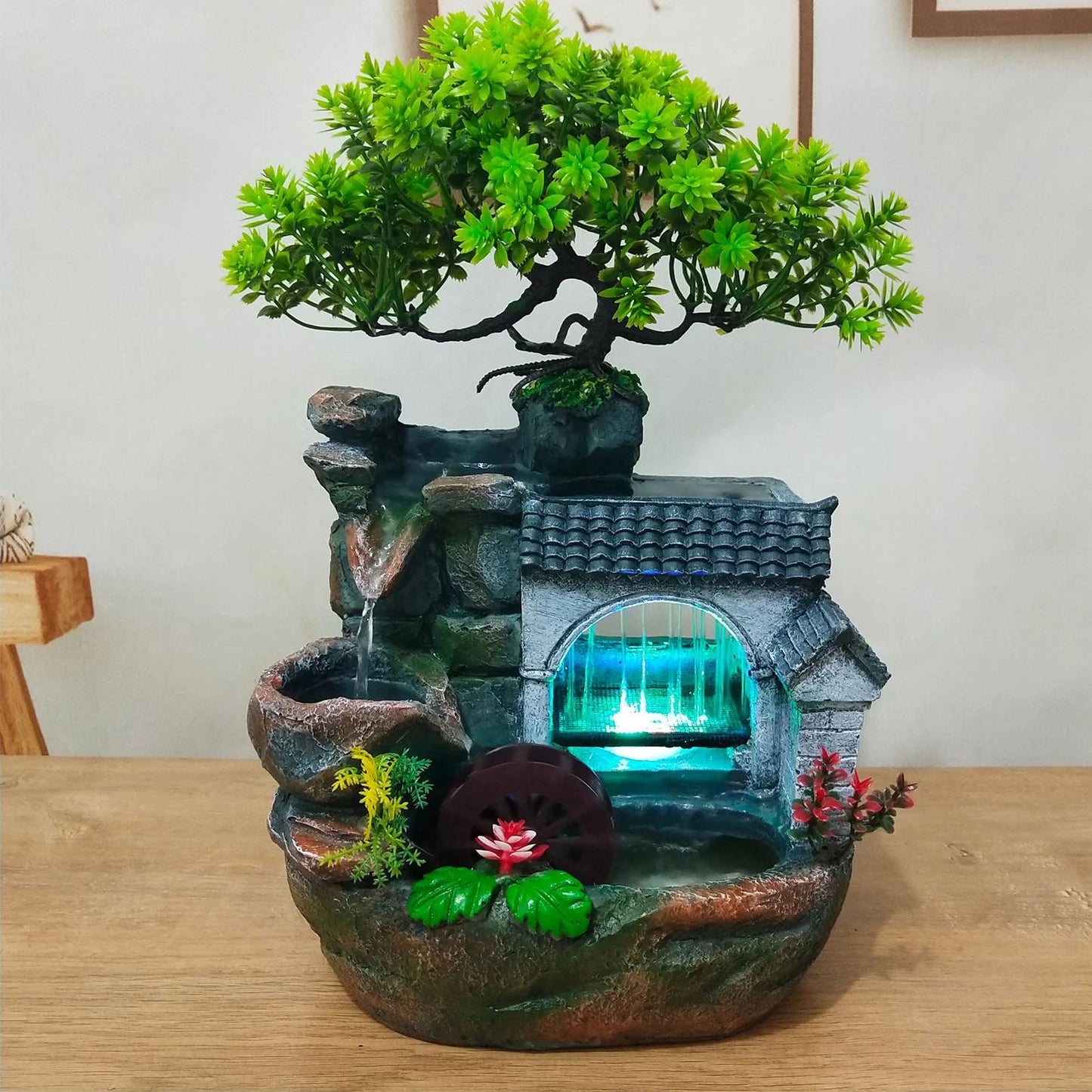 LED Desktop Bonsai Water Fountain Waterfall Ornament w/ Pump