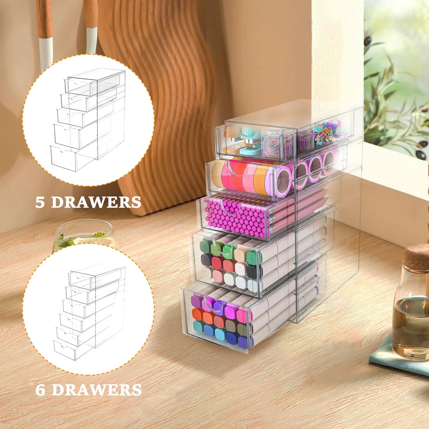 Acrylic Organizer with 5 or 6 Drawers Desk Top Storage