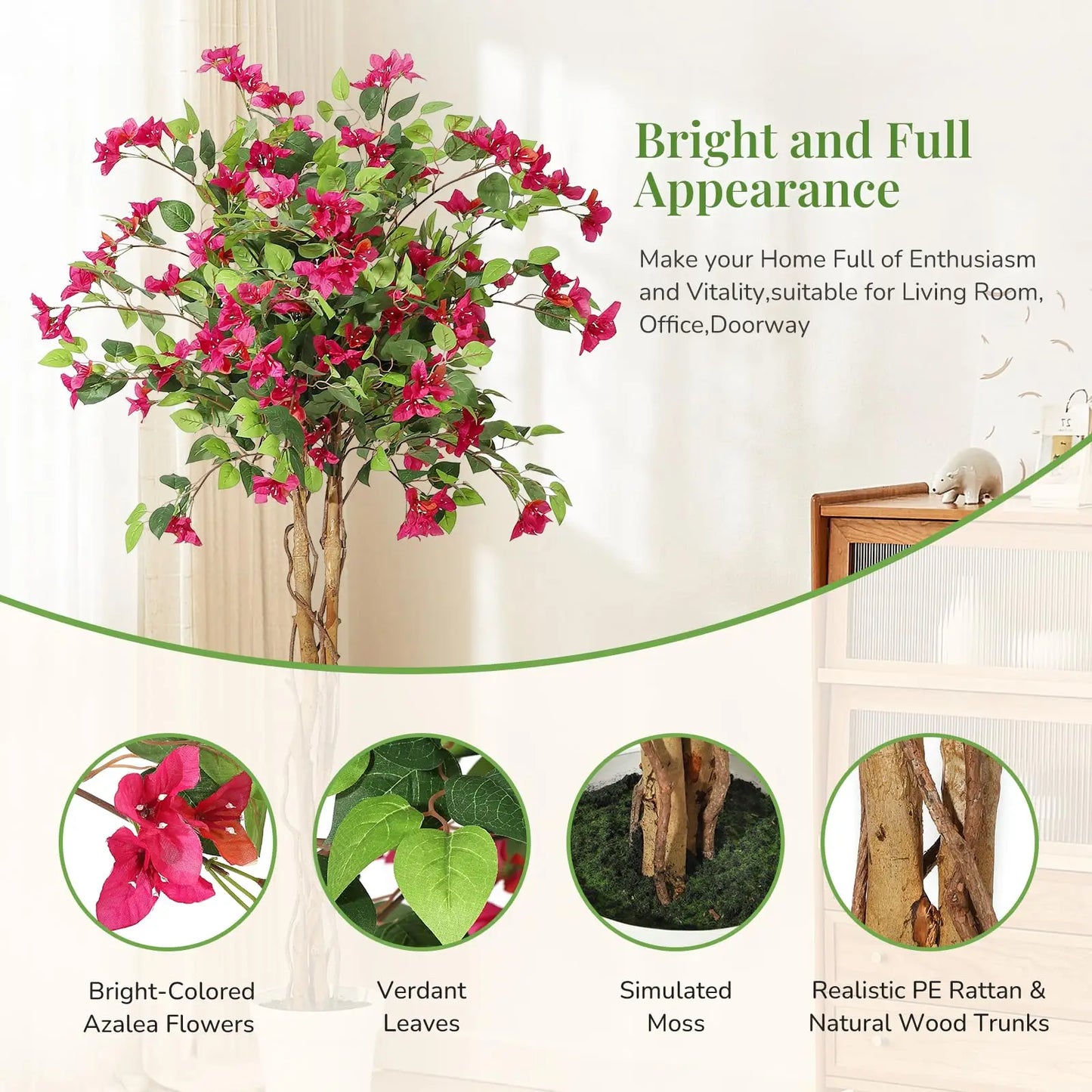 Artificial Indoor Bougainvillea Tree w/White Pot