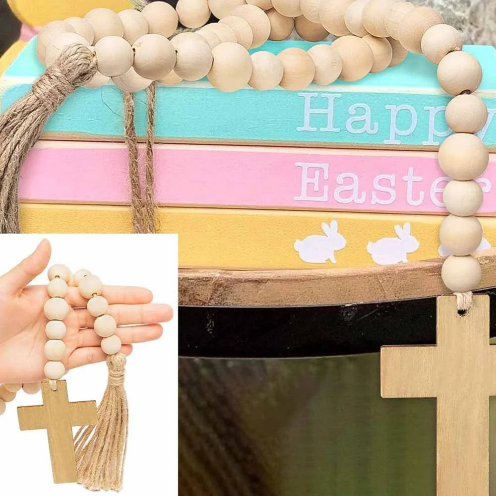 Easter Religious Wood Bead Garland, Natural Wood