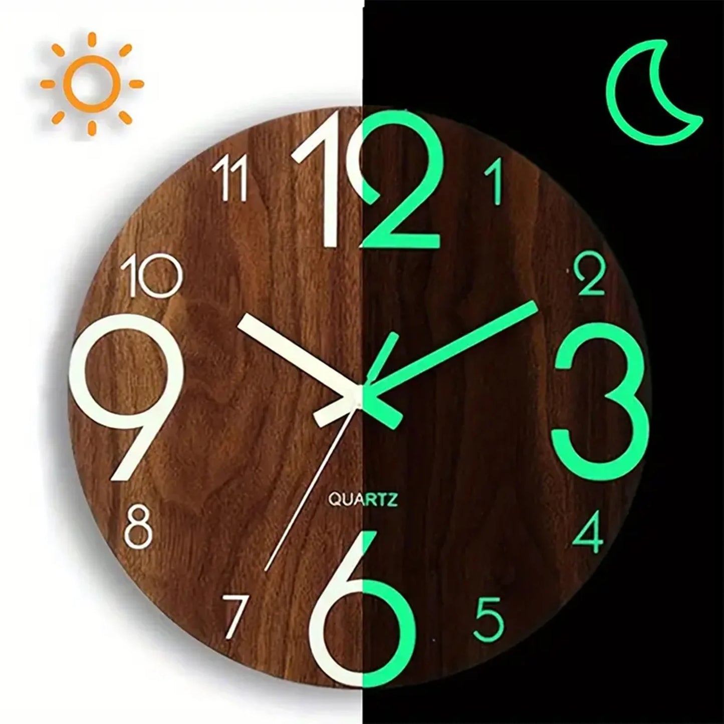 12 Inch Wooden Luminous Silent Wall Clock